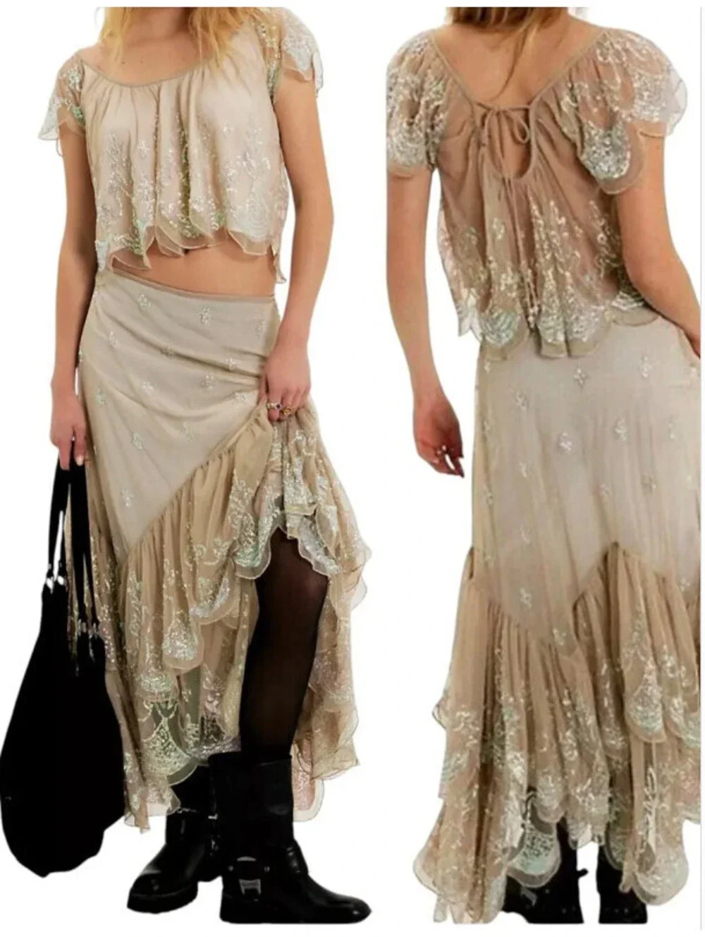 Free People Ciara Shimmer Sequin Sheer Midi Skirt only size M New